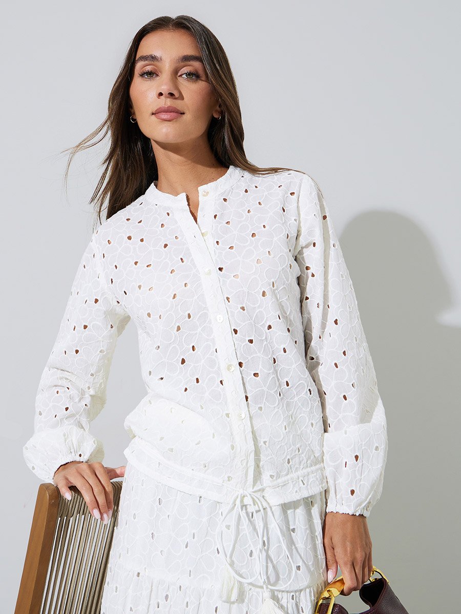 Off-White Eyelet Tie-Up Detail Long Sleeve Blouse