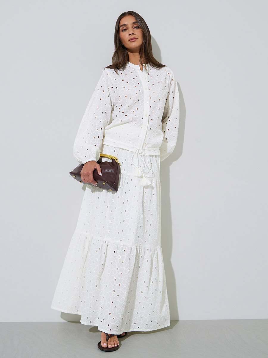 Off-White Eyelet Tie-Up Detail Long Sleeve Blouse