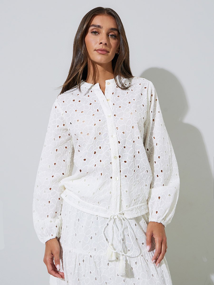 Off-White Eyelet Tie-Up Detail Long Sleeve Blouse