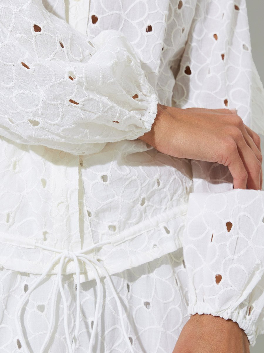Off-White Eyelet Tie-Up Detail Long Sleeve Blouse
