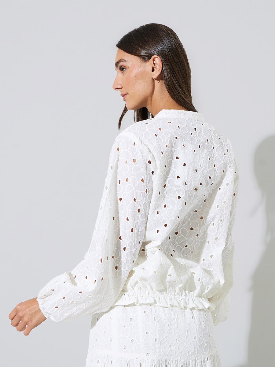 Off-White Eyelet Tie-Up Detail Long Sleeve Blouse