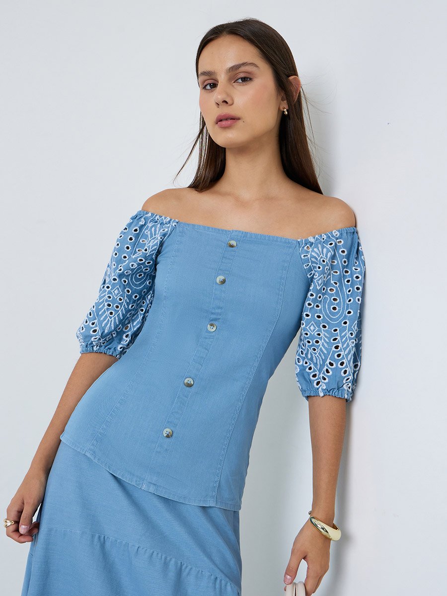 Blue Embroidered Off-Shoulder Top