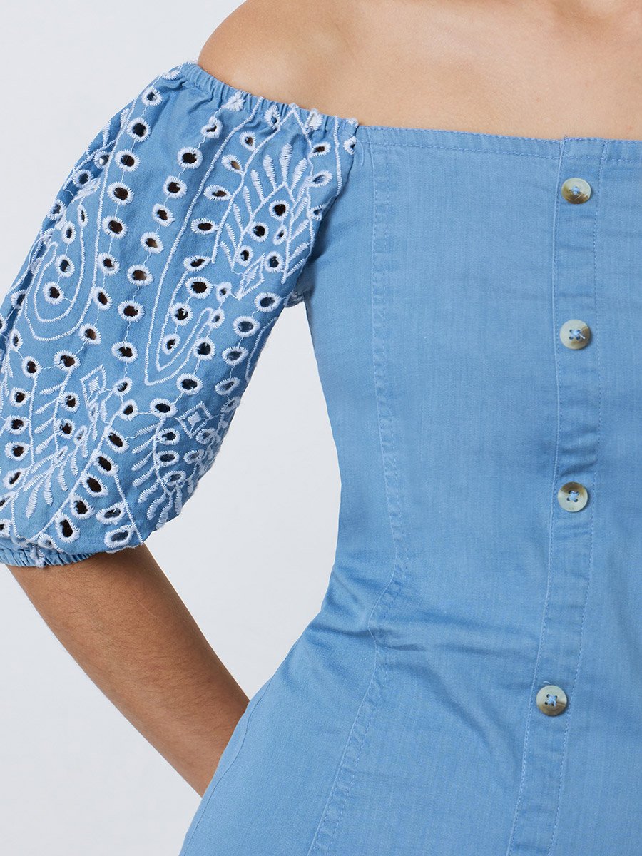 Blue Embroidered Off-Shoulder Top