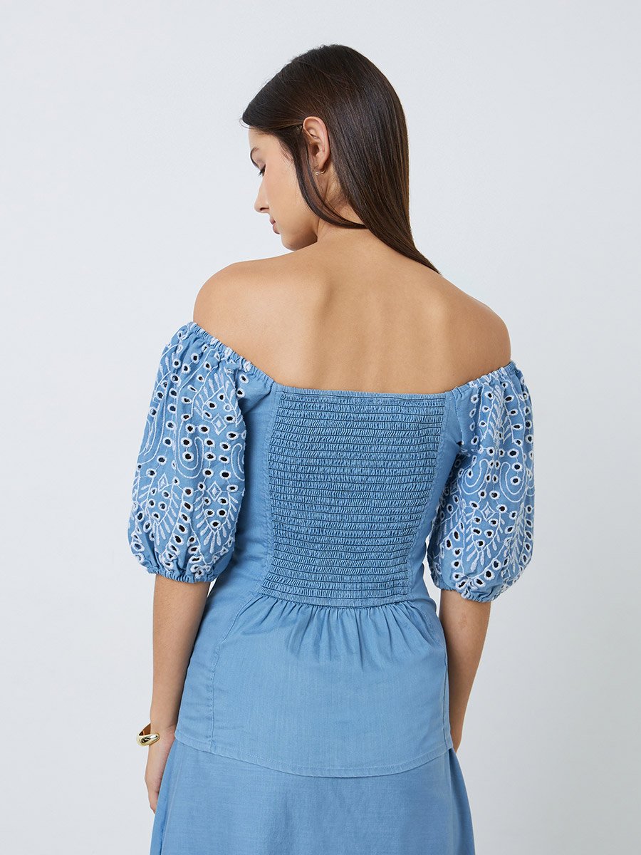 Blue Embroidered Off-Shoulder Top