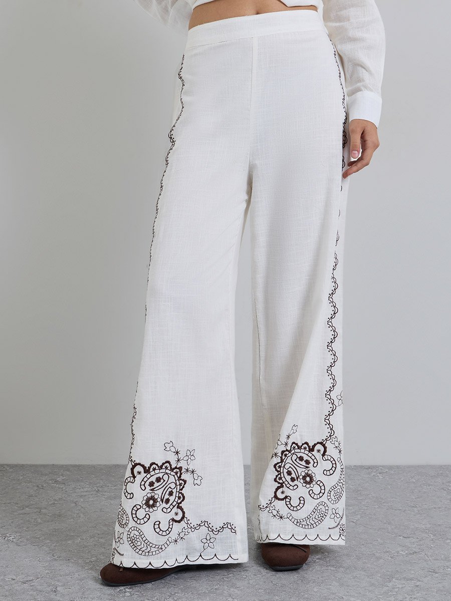 Off-White Embroidered Wide Leg Pants
