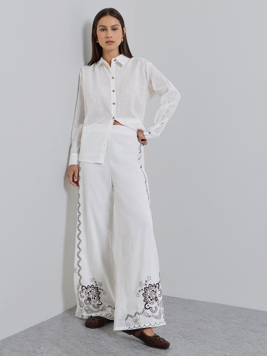 Off-White Embroidered Wide Leg Pants
