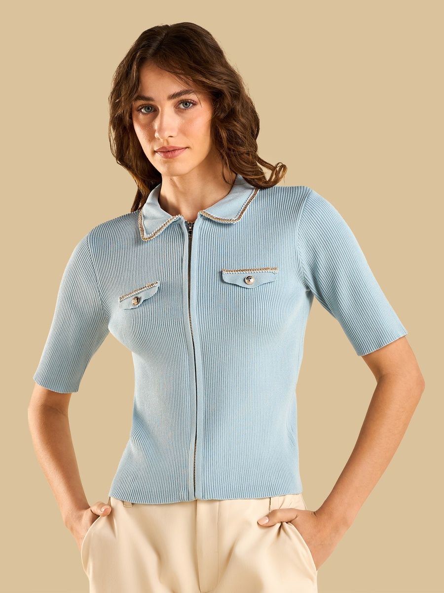Ribbed Cardigan with Chain Detail
