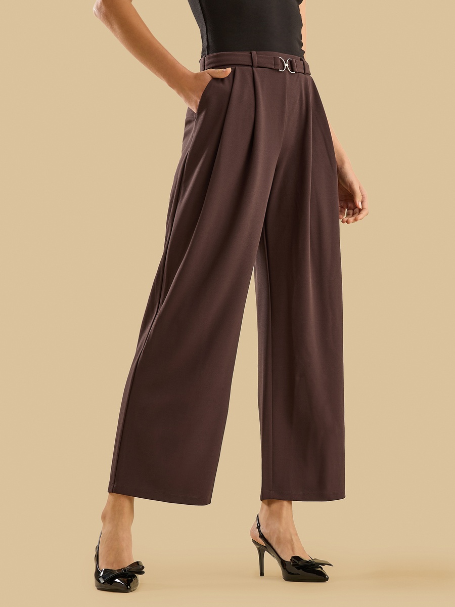 Wide Leg Pants with D-Ring Buckle Accent