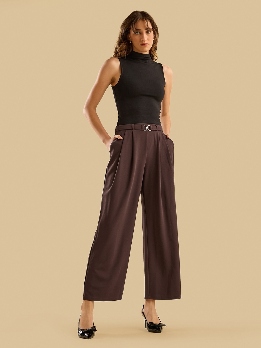 Wide Leg Pants with D-Ring Buckle Accent