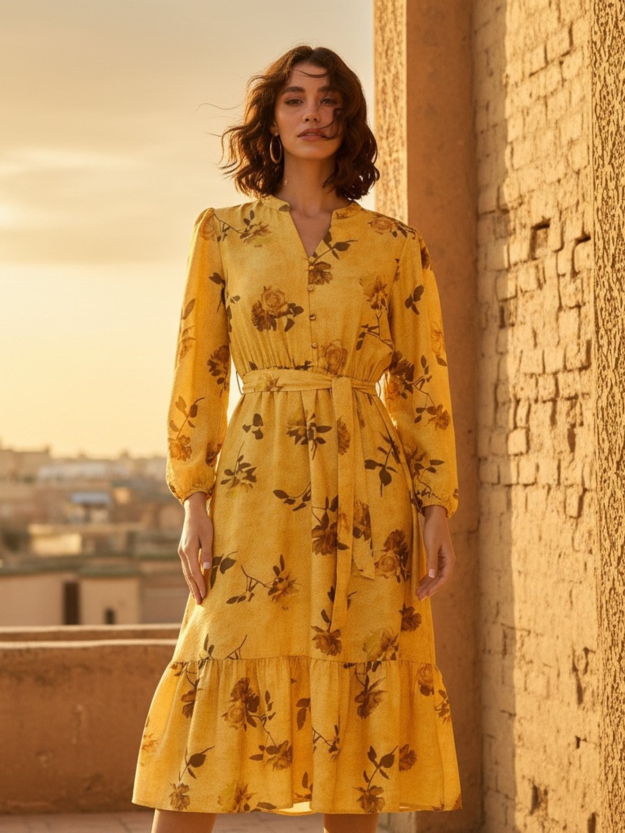 Floral Print Belted Midi Dress