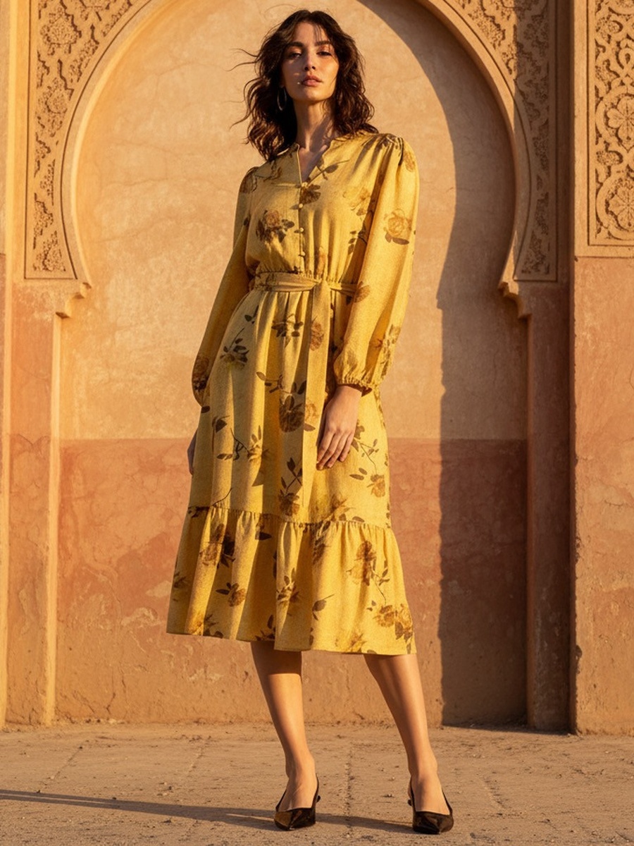 Floral Print Belted Midi Dress