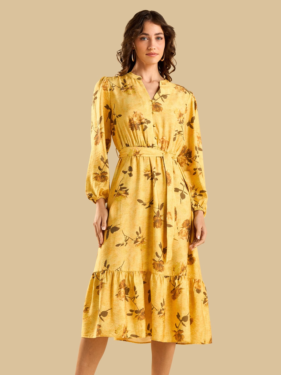 Floral Print Belted Midi Dress