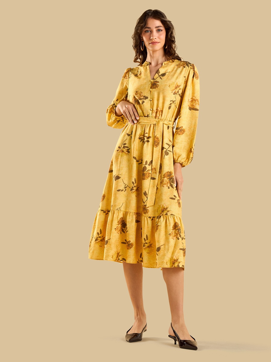 Floral Print Belted Midi Dress