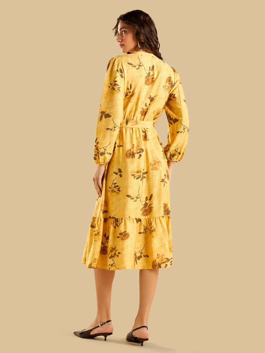 Floral Print Belted Midi Dress