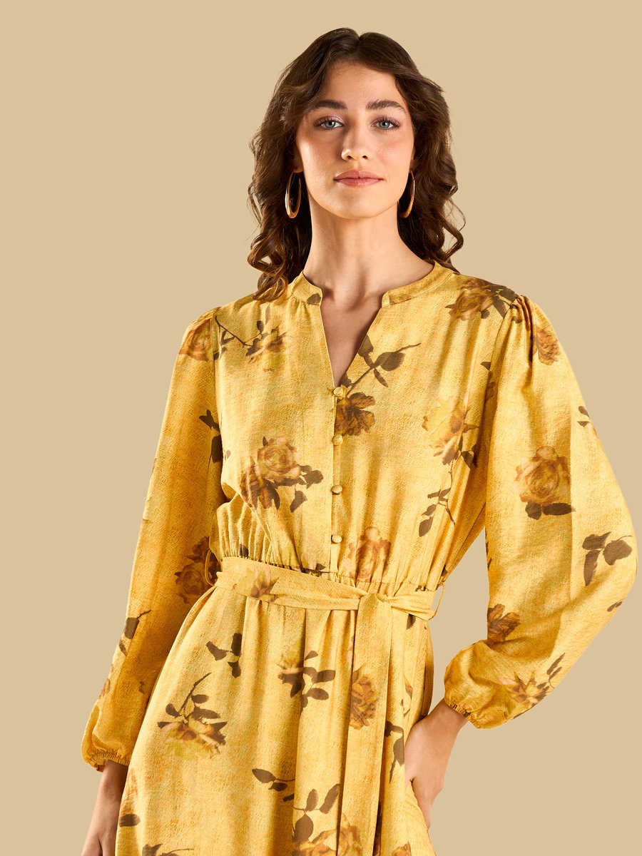 Floral Print Belted Midi Dress