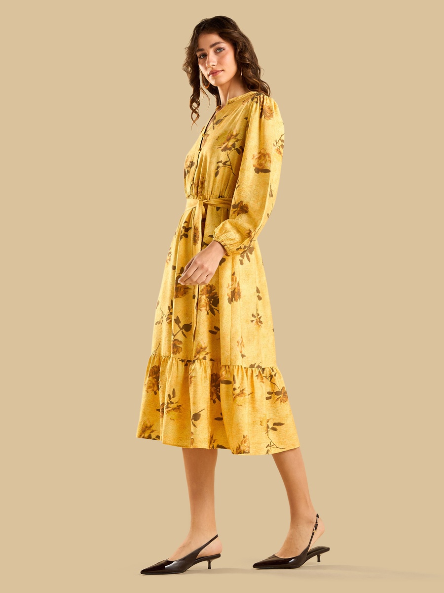 Floral Print Belted Midi Dress