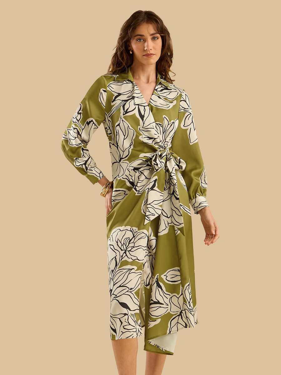 Floral Print Satin Wrap Dress