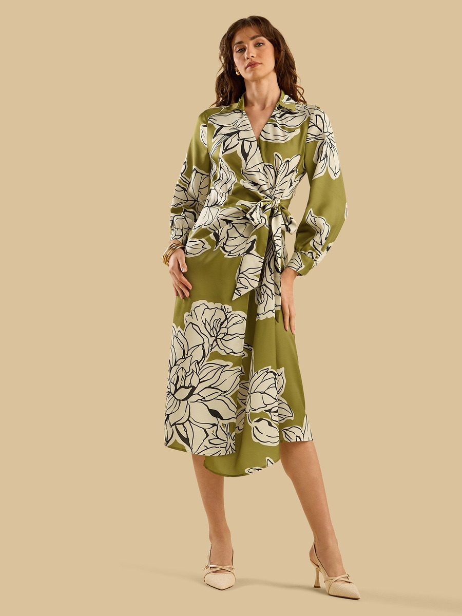 Floral Print Satin Wrap Dress