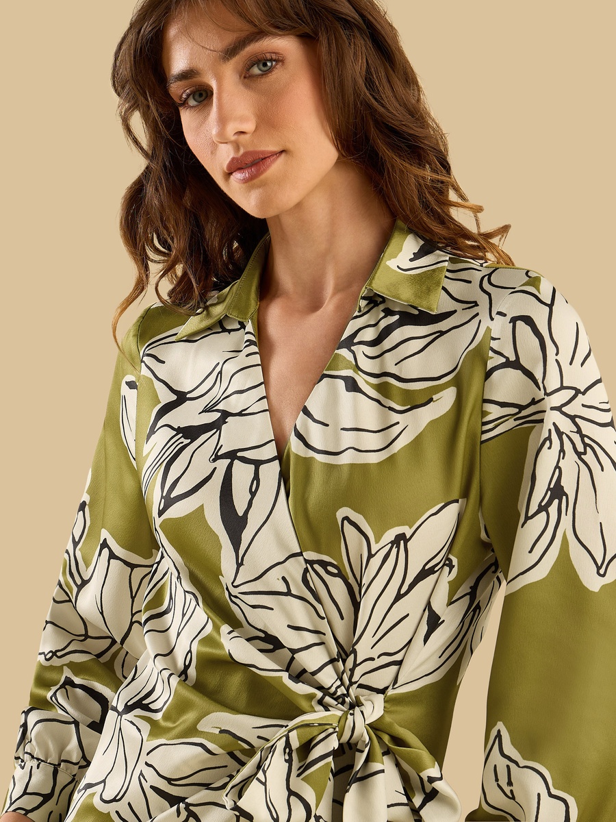 Floral Print Satin Wrap Dress