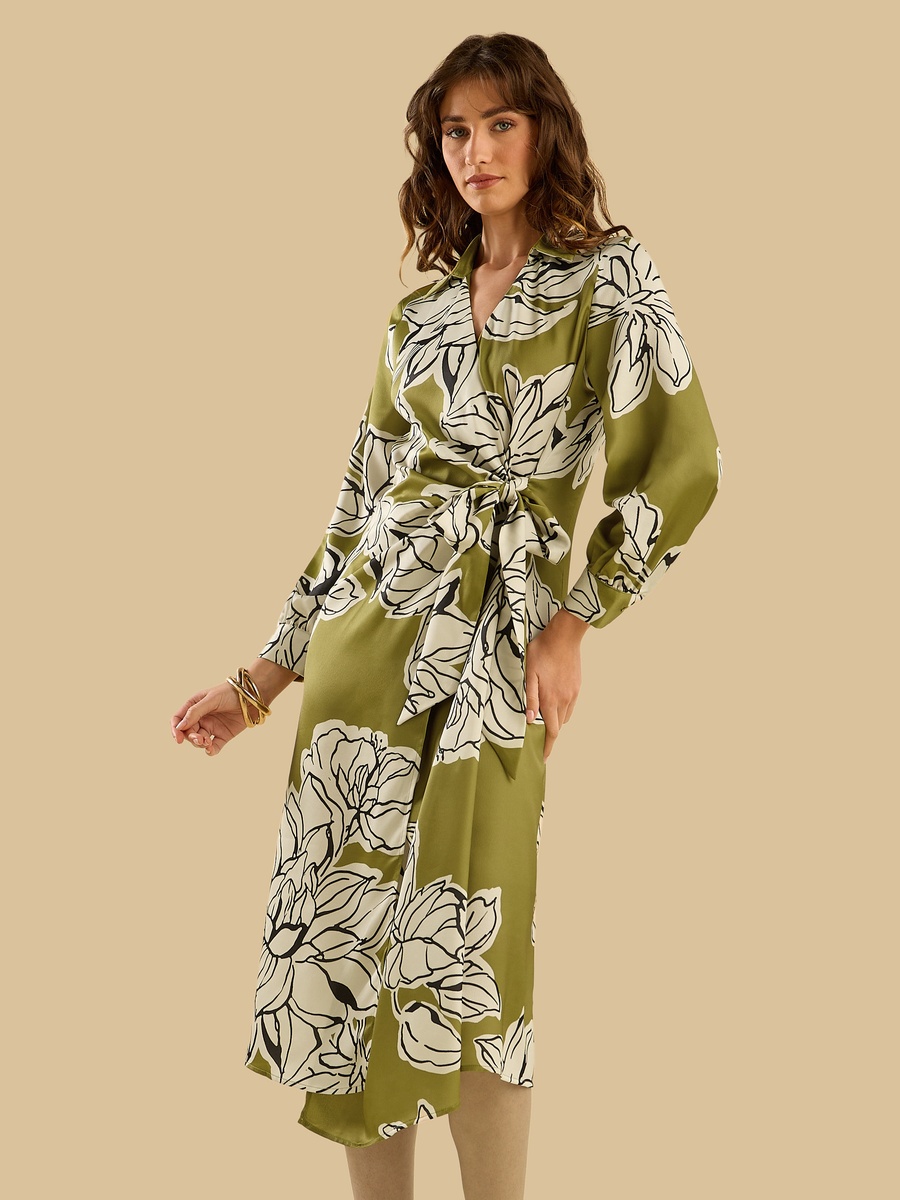 Floral Print Satin Wrap Dress
