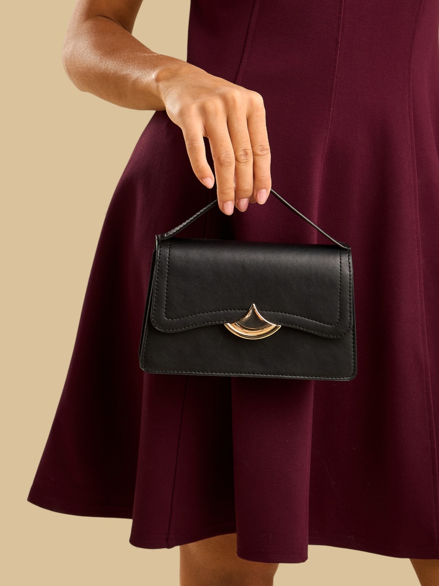 Metallic Accent Crossbody Bag with Flap Closure