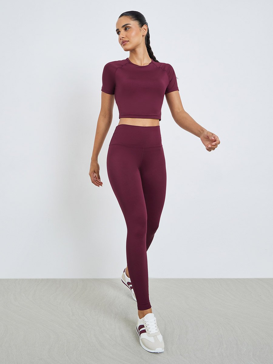 Burgundy Solid Crop Top and Broad Waistband Leggings Set