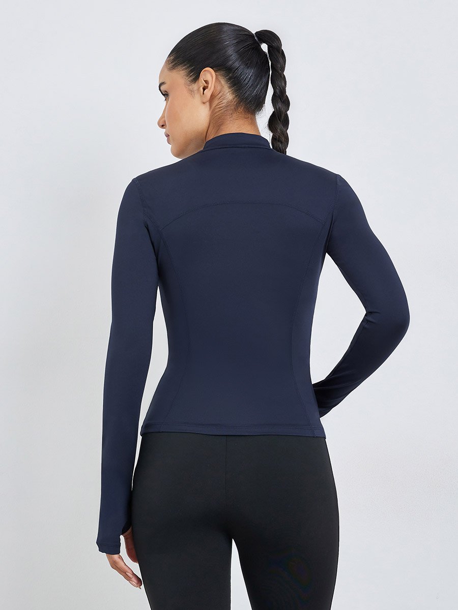 Navy Blue Contour Stitch Thumbhole Detail Full Zip Up Jacket