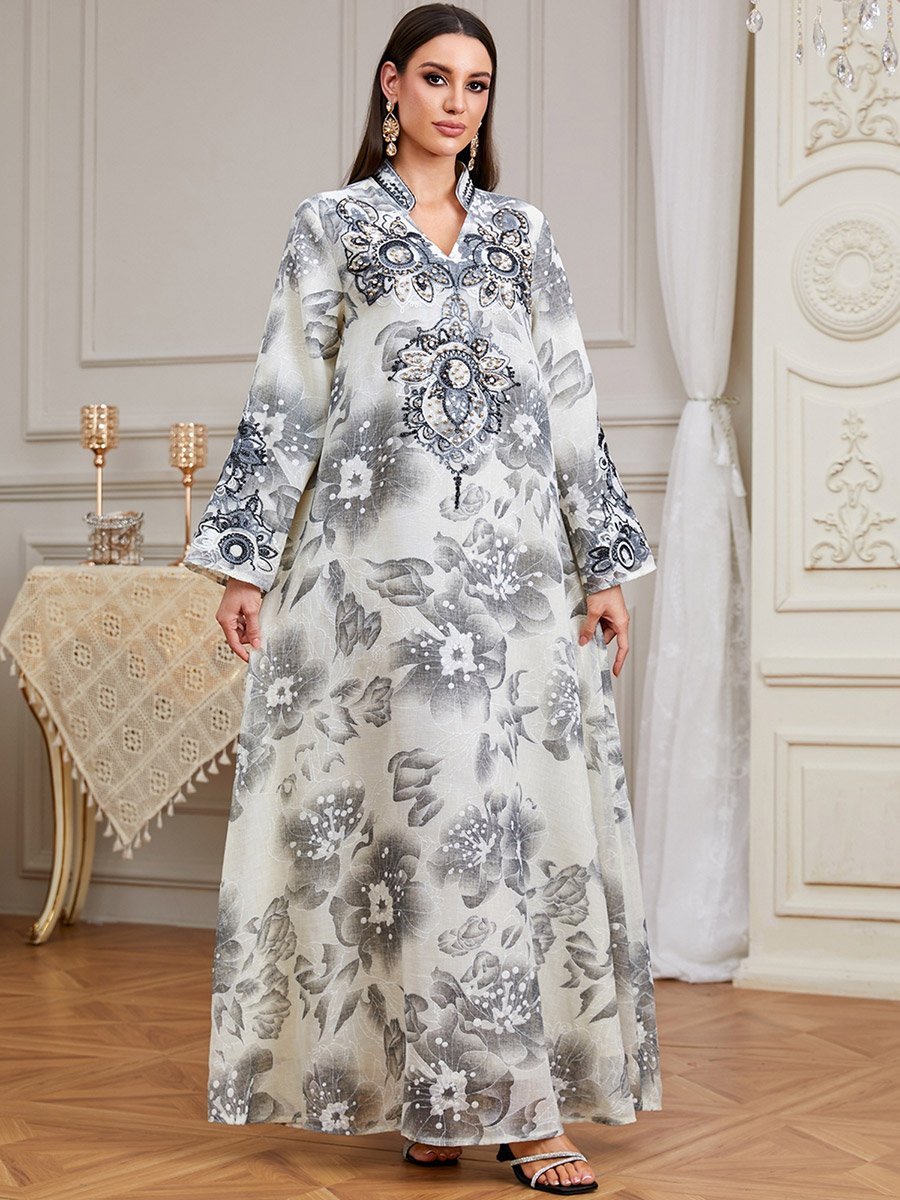 Grey Floral Print Embroidered A-Line Jalabiya