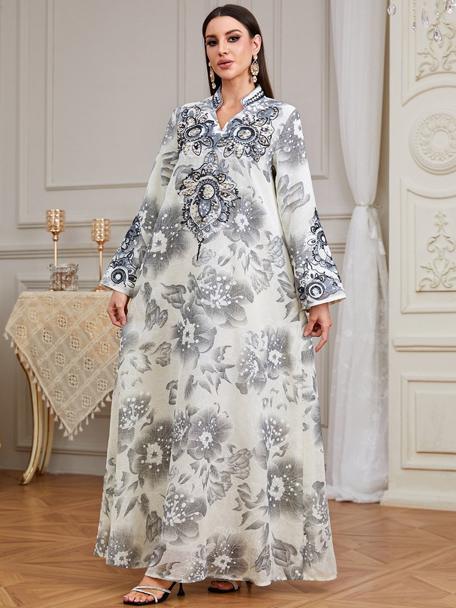 Grey Floral Print Embroidered A-Line Jalabiya