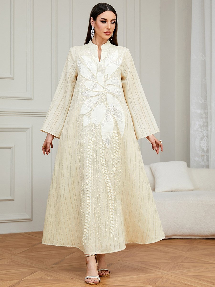 Beige Floral Embellished A-Line Jalabiya