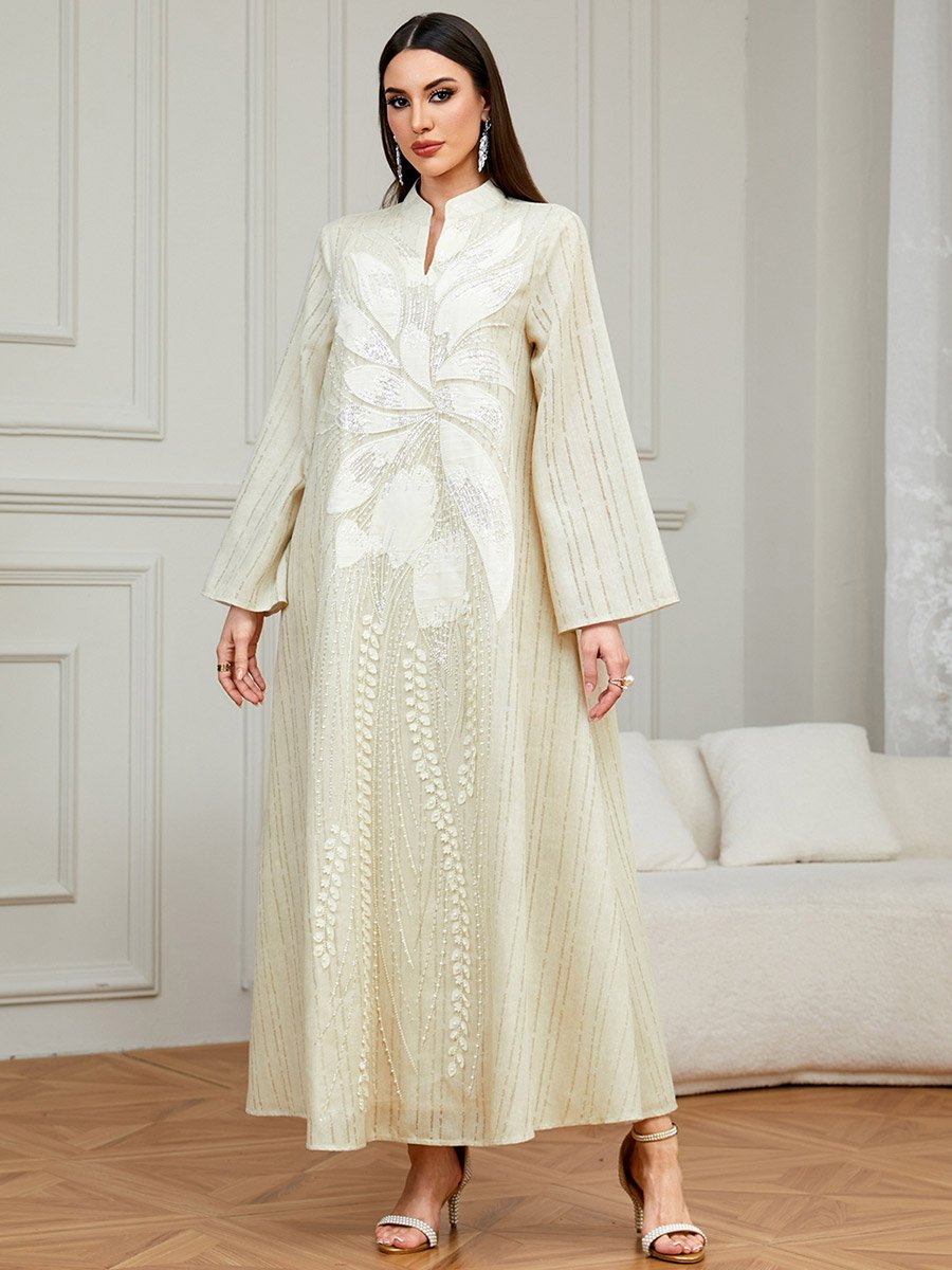 Beige Floral Embellished A-Line Jalabiya