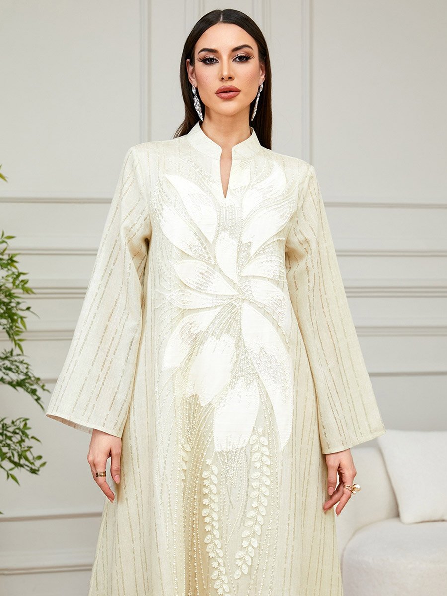 Beige Floral Embellished A-Line Jalabiya