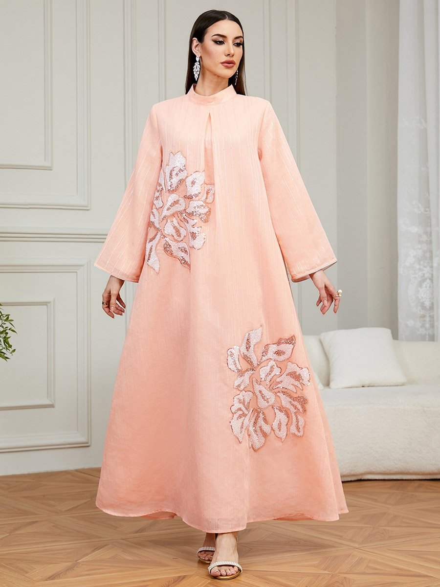 Pink Textured Floral Embellished A-Line Jalabiya