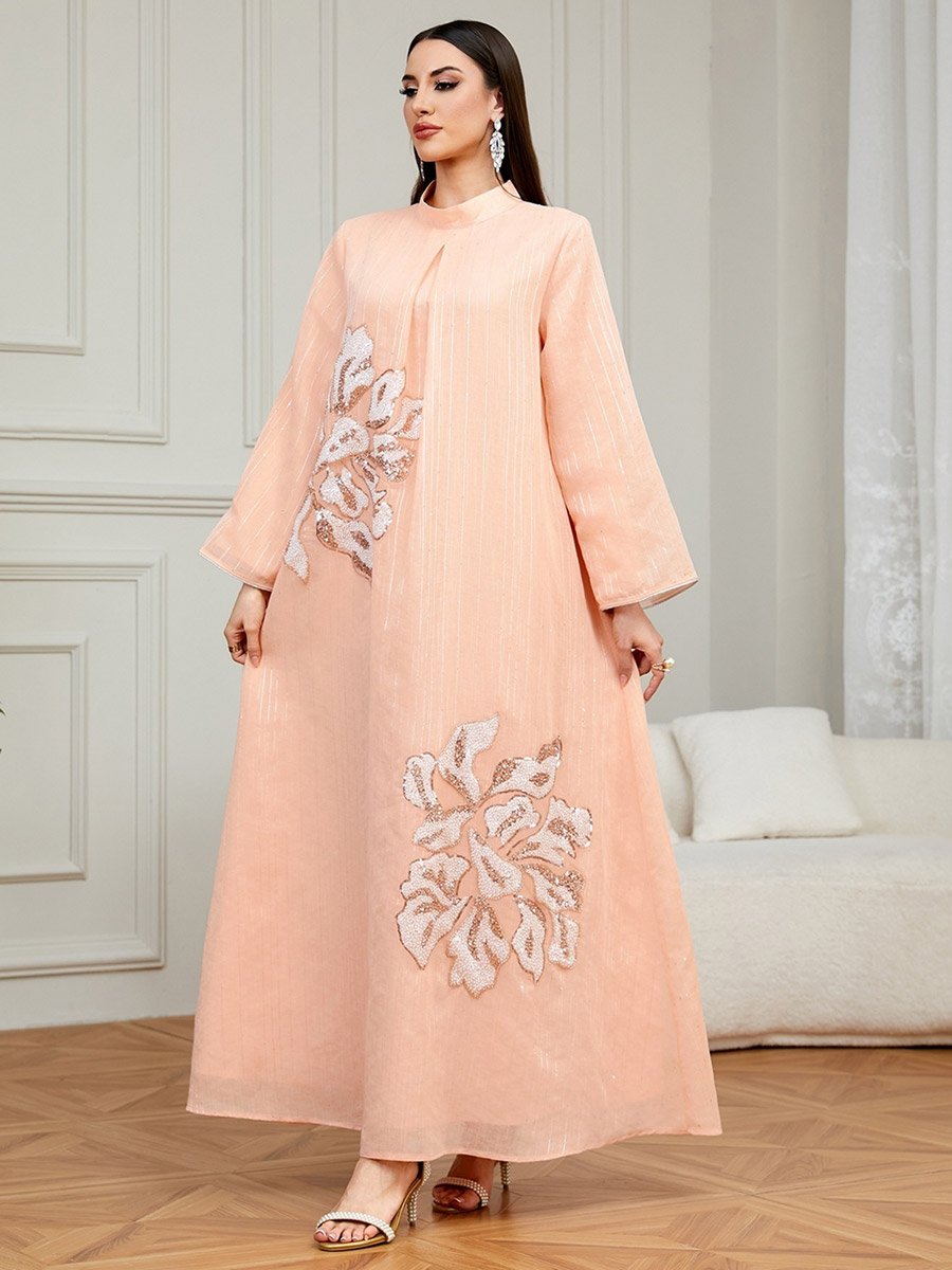 Pink Textured Floral Embellished A-Line Jalabiya