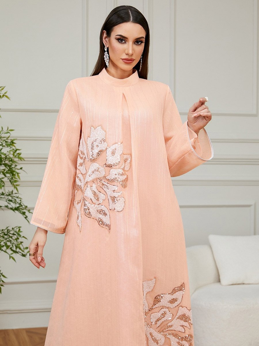 Pink Textured Floral Embellished A-Line Jalabiya