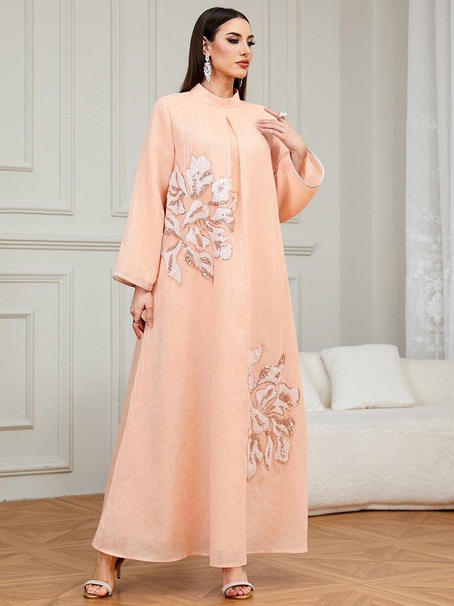 Pink Textured Floral Embellished A-Line Jalabiya