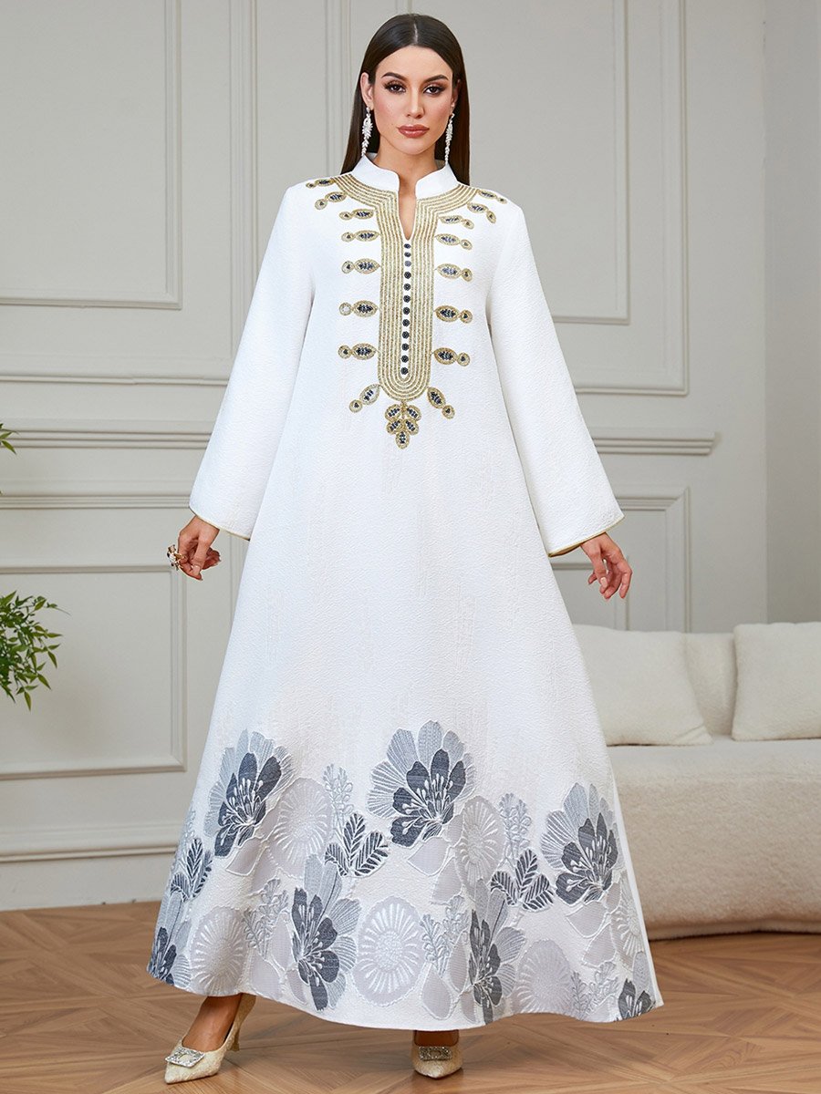 White Textured Floral Embroidered A-Line Jalabiya