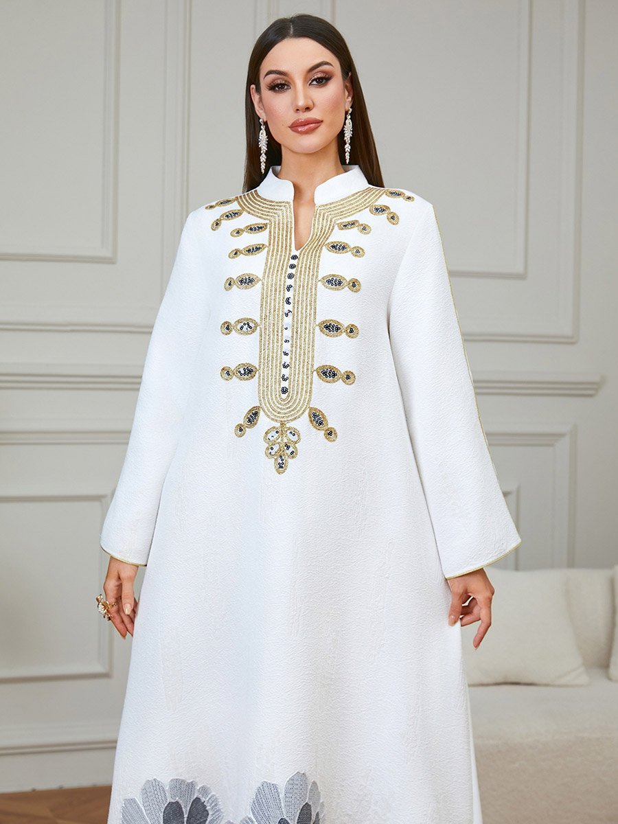 White Textured Floral Embroidered A-Line Jalabiya