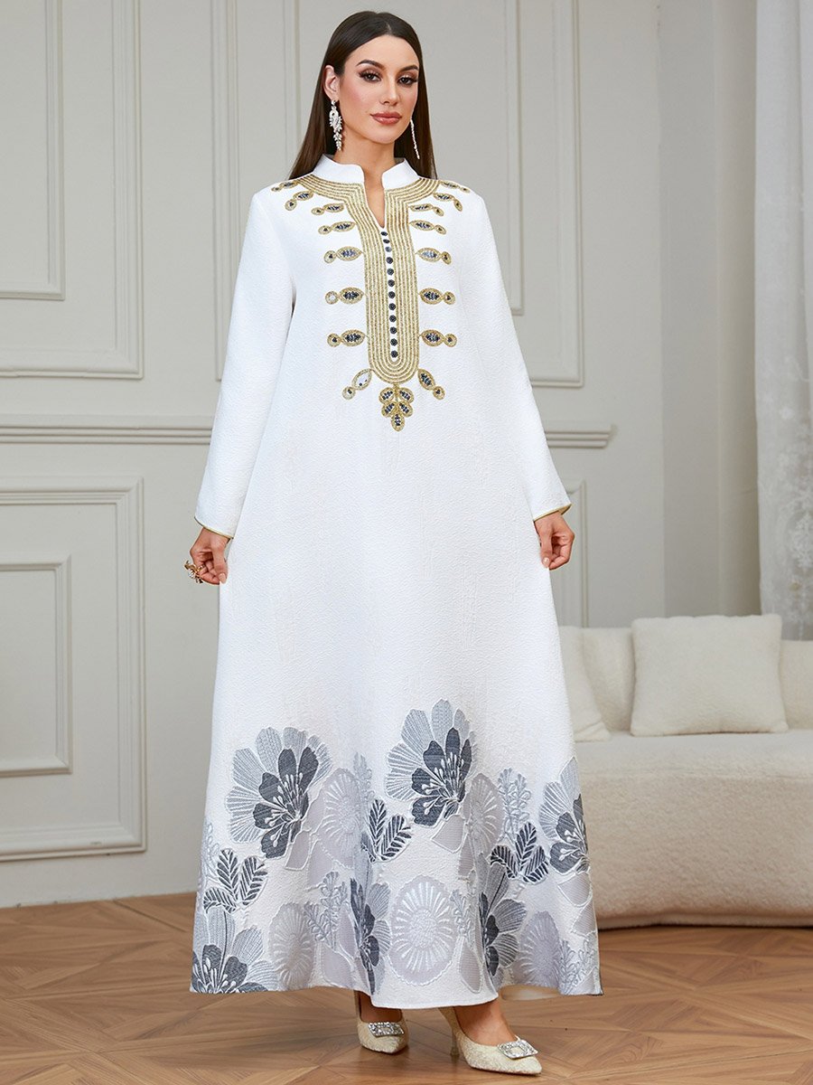 White Textured Floral Embroidered A-Line Jalabiya
