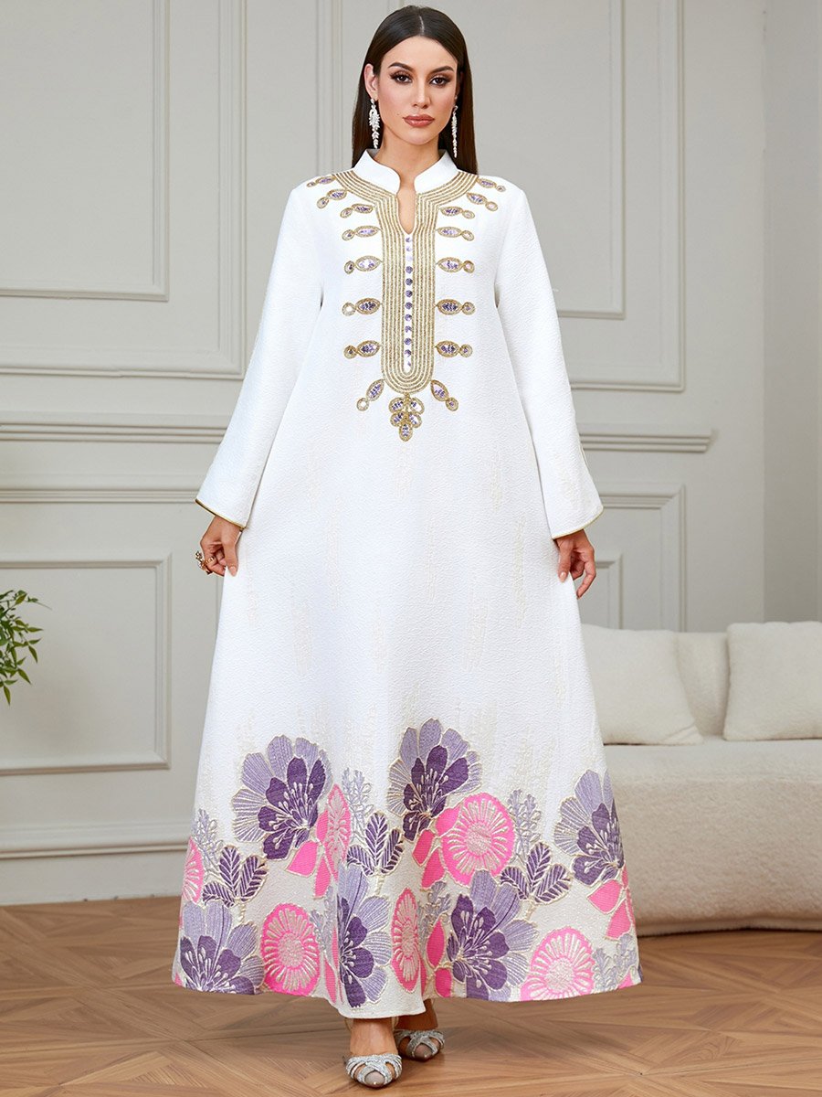 White Textured Floral Embroidered A-Line Jalabiya