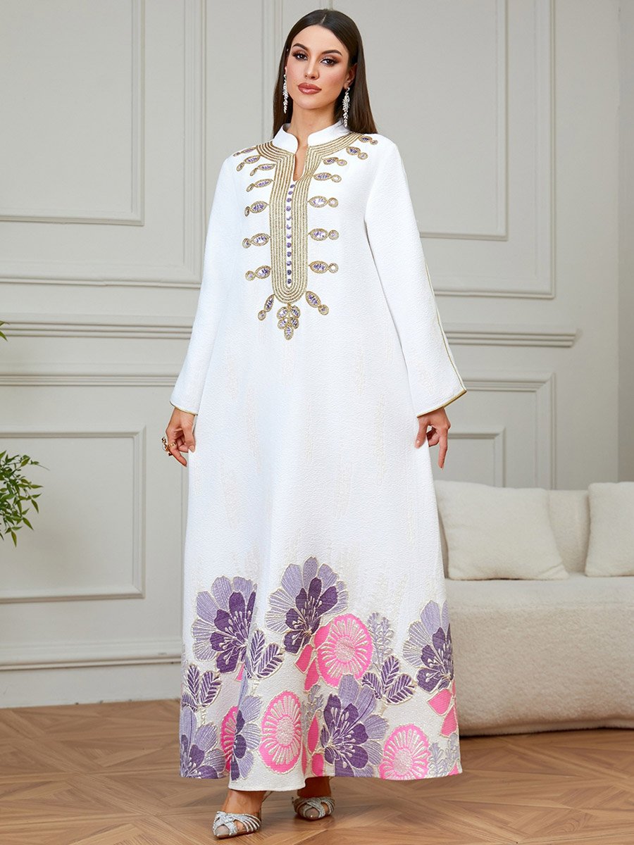 White Textured Floral Embroidered A-Line Jalabiya