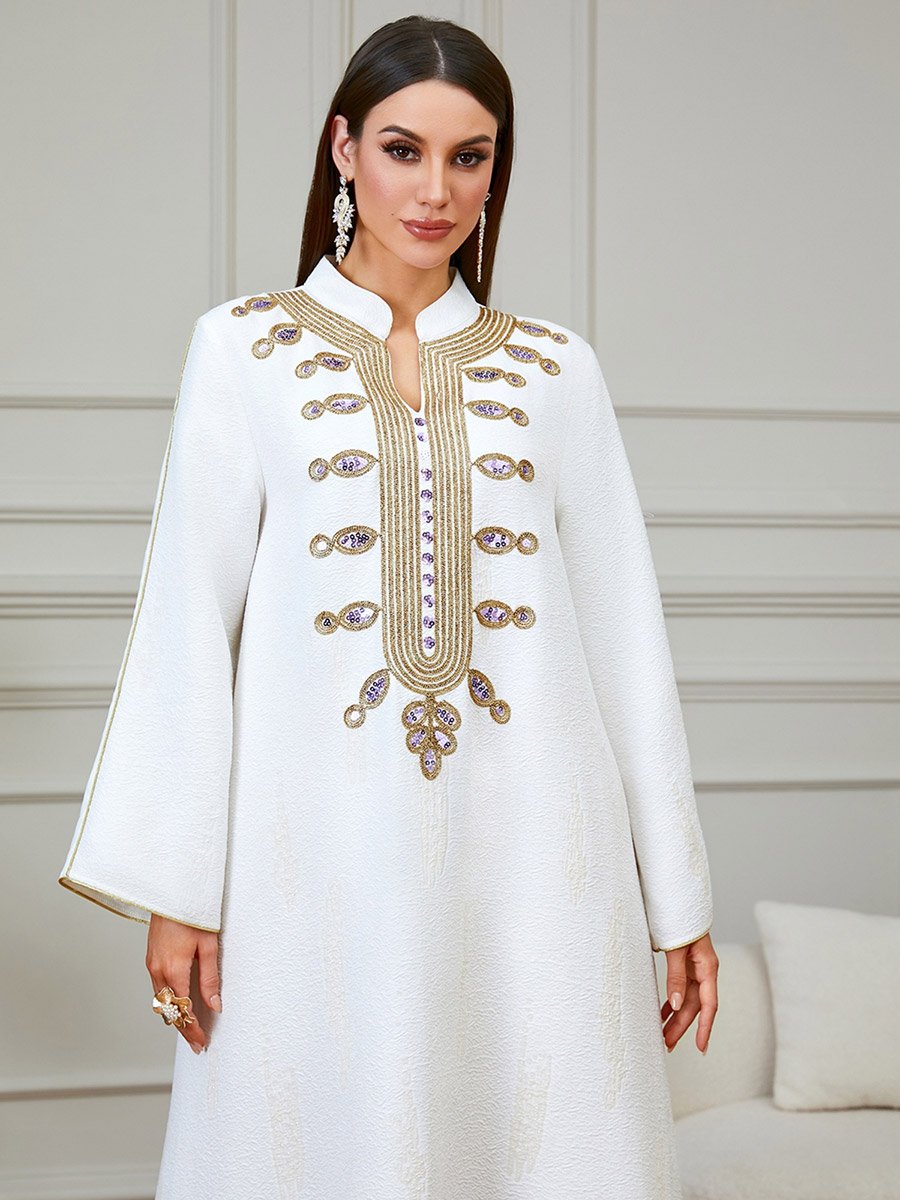 White Textured Floral Embroidered A-Line Jalabiya