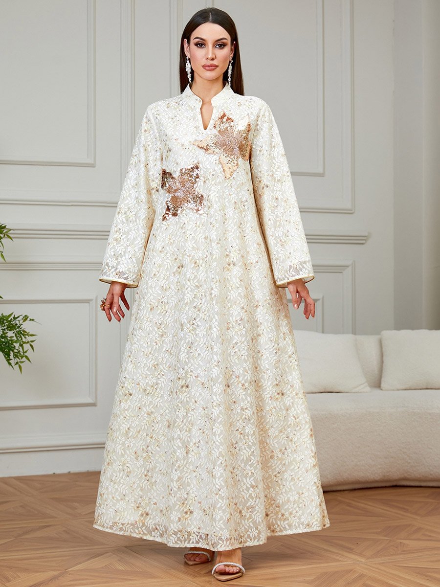 Beige Floral Sequined Jalabiya