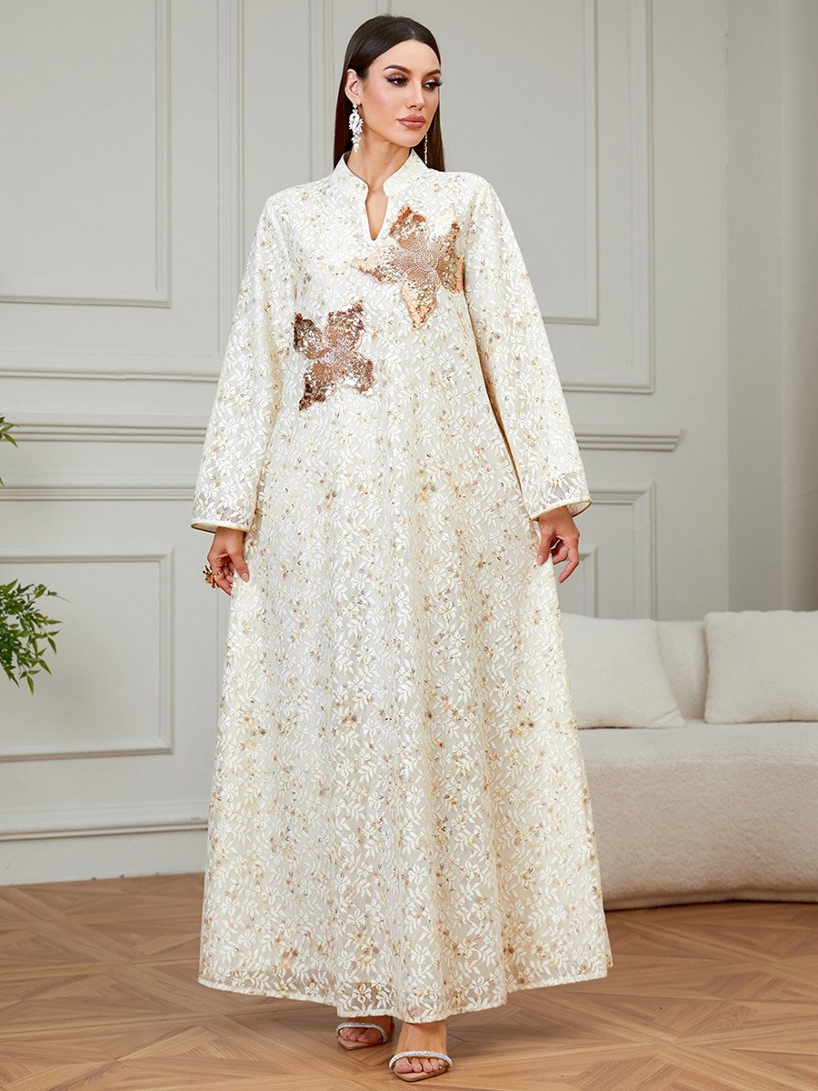 Beige Floral Sequined Jalabiya