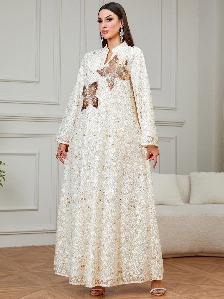 Beige Floral Sequined Jalabiya