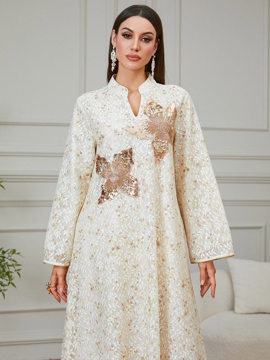 Beige Floral Sequined Jalabiya