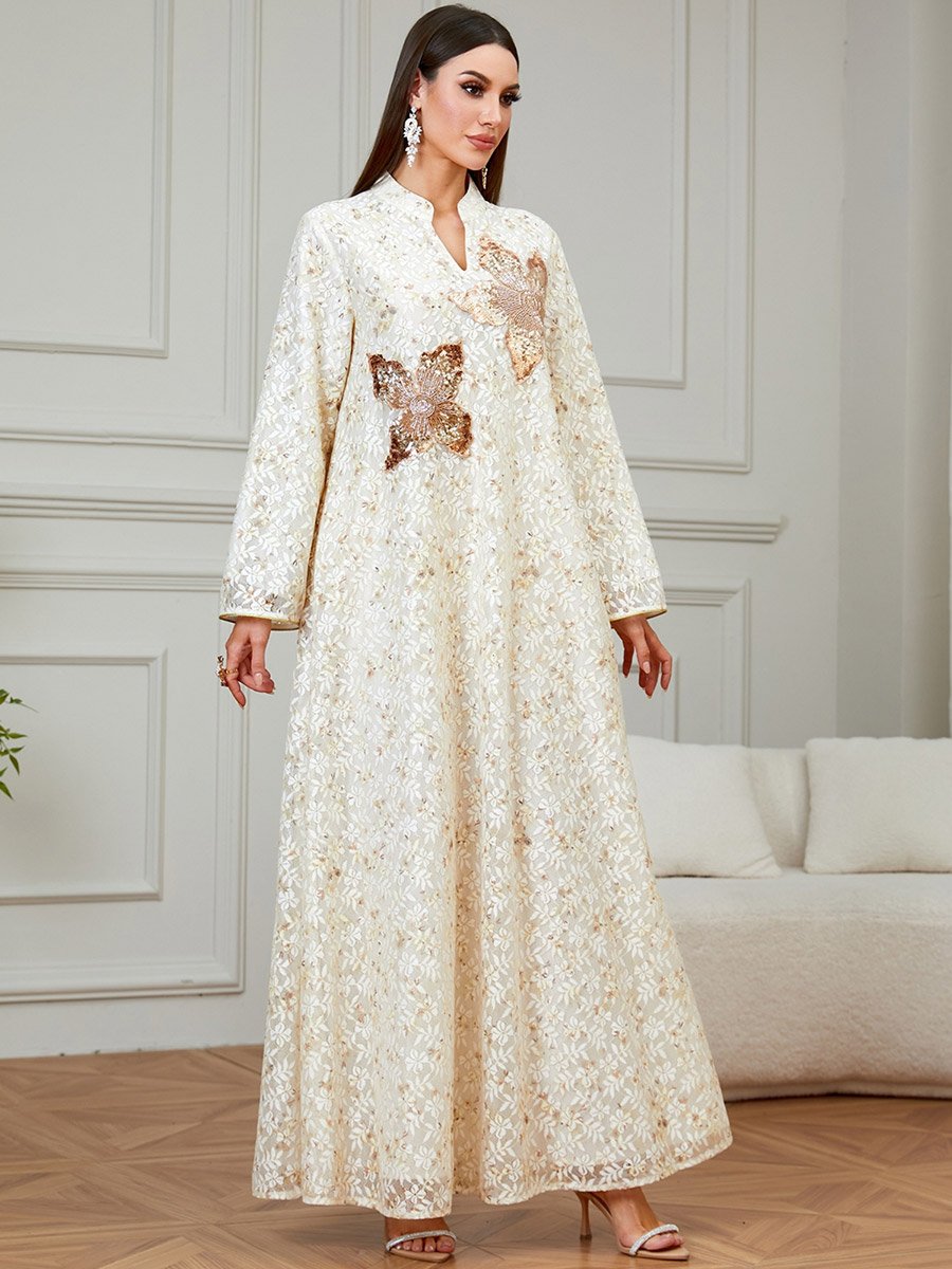 Beige Floral Sequined Jalabiya