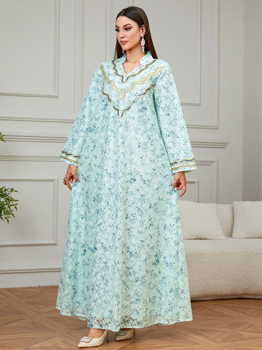 Green Embroidered Floral Print A-Line Jalabiya