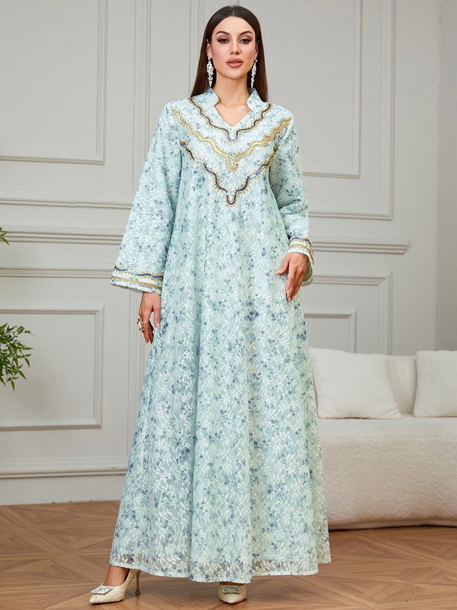 Green Embroidered Floral Print A-Line Jalabiya