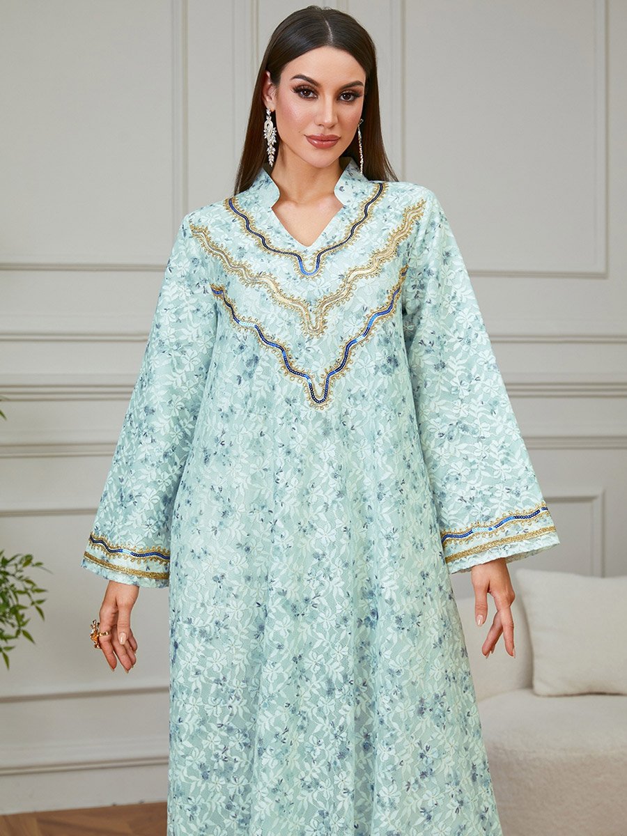 Green Embroidered Floral Print A-Line Jalabiya